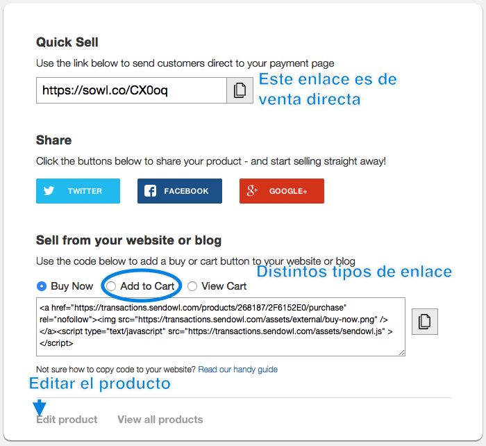 Opciones de venta de SendOwl