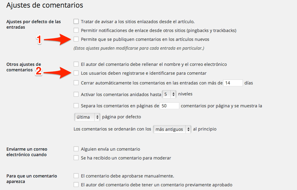 Desactivar comentarios en WordPress sin dolores de cabeza 2 Desactivar las opciones en ajustes -> comentarios