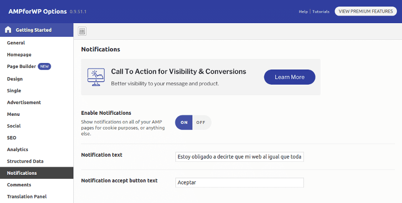 Megatutorial Google AMP (Accelerated Mobile Pages) para WordPress 16 AMP Aviso de cookies