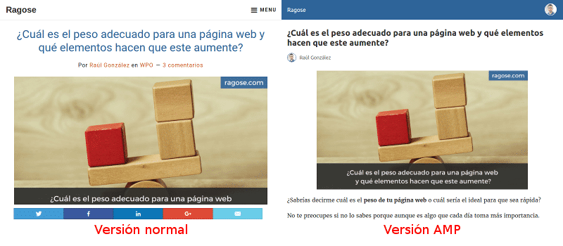 Megatutorial Google AMP (Accelerated Mobile Pages) para WordPress 1 Comparativa web con y sin AMP