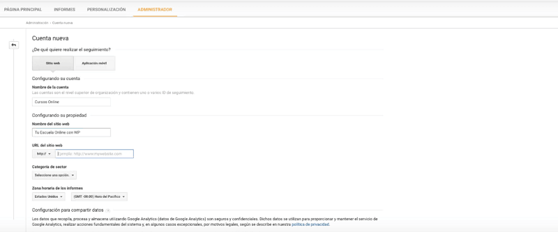 Completar cuenta de Google Analytics