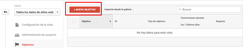 Crear nuevo objetivo en Google Analytics.