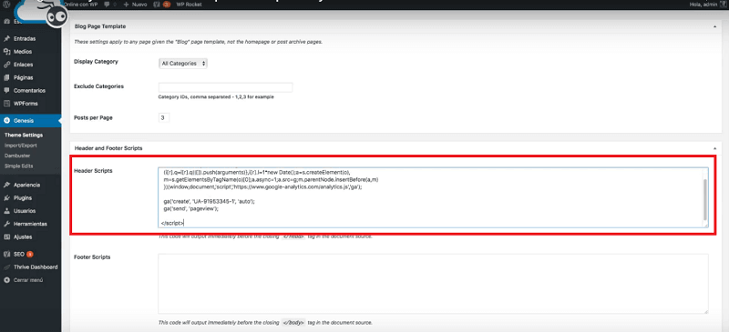 Pegar código de Google Analytics en WordPress