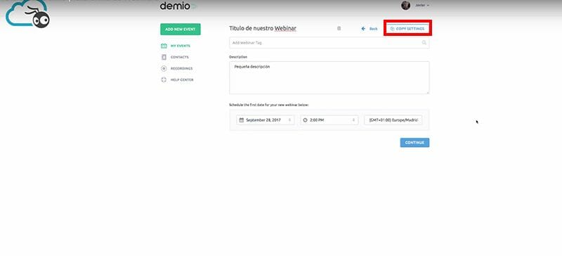 Demio: descubre cómo organizar un webinar de venta paso a paso 5 Copiar configuración de webinar en Demio