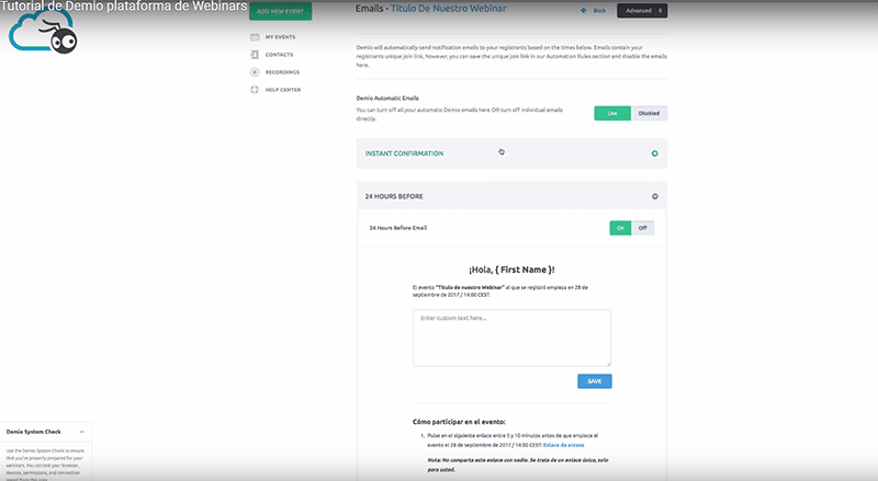 Demio: descubre cómo organizar un webinar de venta paso a paso 8 Personalizar emails en Demio