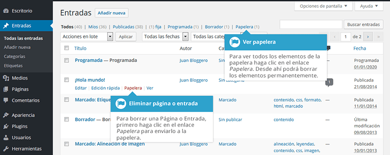 eliminar contenido en wordpress