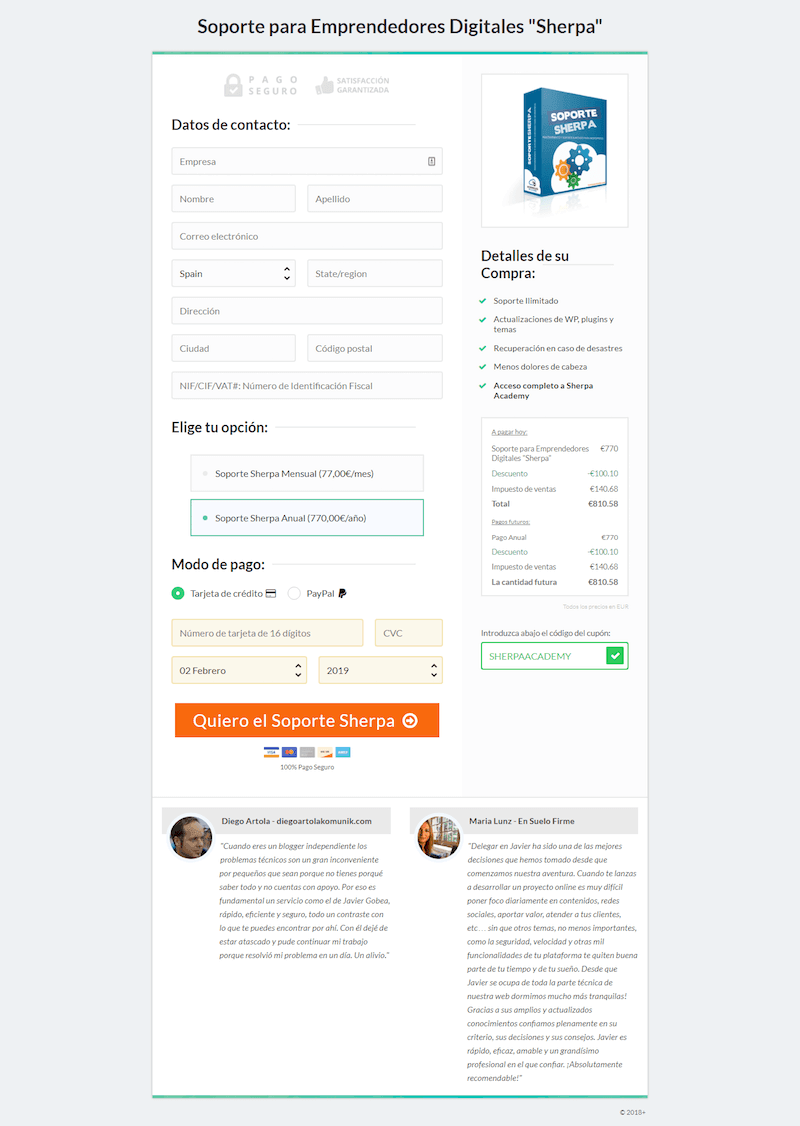 Ejemplo de checkout en Thrivecart