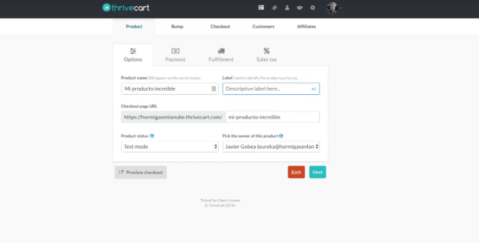 Crear producto en Thrivecart