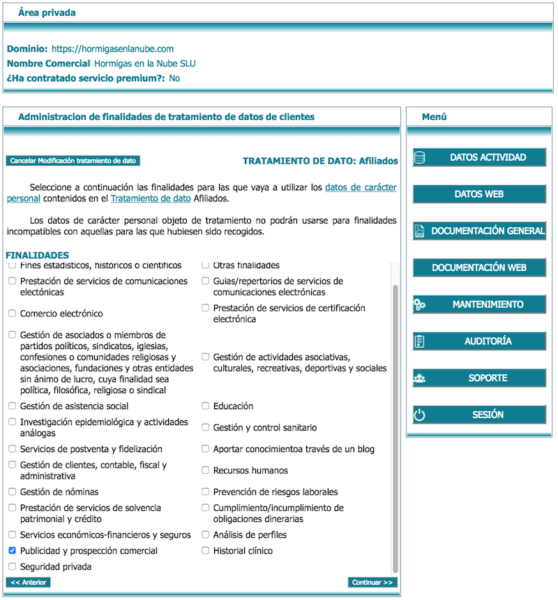 LEXblogger: la "sherpa-App" que te ayudará a adaptar la web de tu negocio al RGPD paso a paso 10 Administrar finalidades tratamiento de datos lex blogger