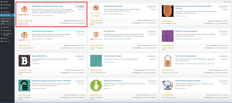 Actualizar wordpress: realizar copia de seguridad con updraftplus