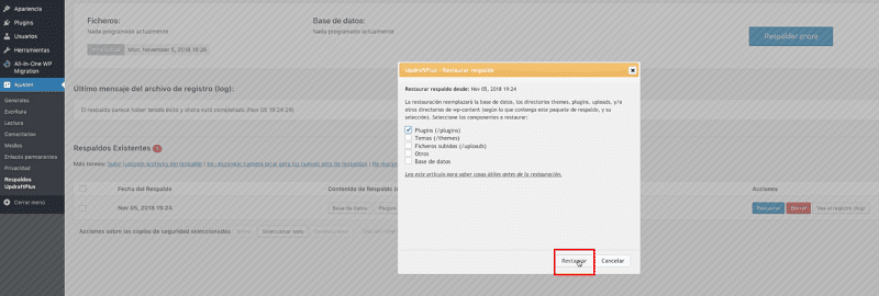 Actualizar WordPress: restaurar copia de seguridad