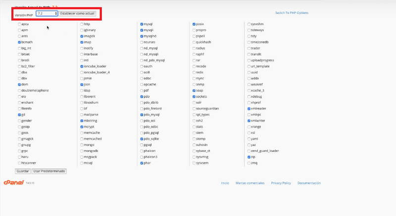cambiar versión PHP en Raiola