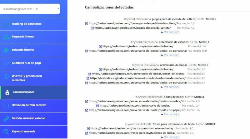 Cómo arreglar los “errores” SEO de una web a ojos de Google de un plumazo y ganar más tráfico para tu página 3 DinoRANK Canibalizaciones detectadas