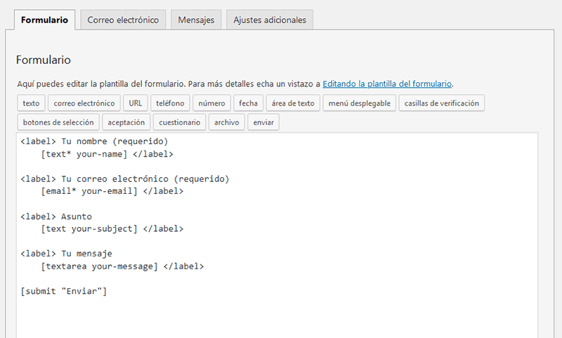 Pantalla del plugin Contact Form 7